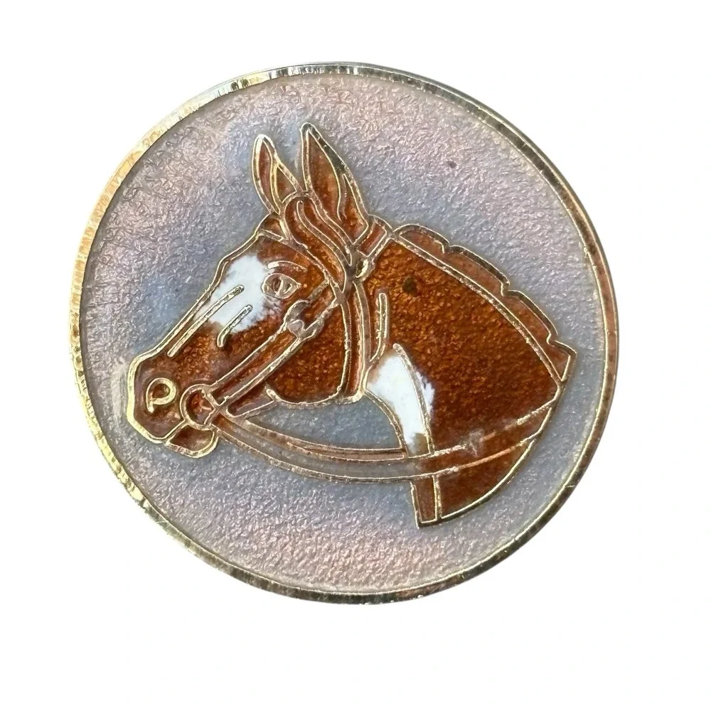Horse Head Cufflinks Gold Tone Crackle Enamel Round Figural Brown Horse Vintage‎